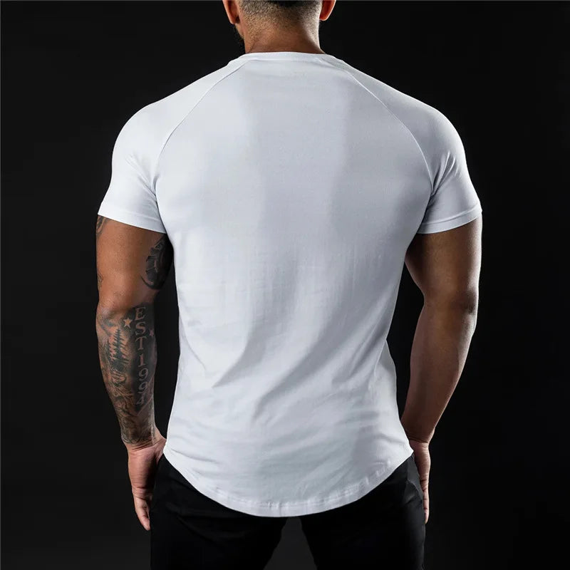 Men Gym Cotton T Shirt Slim Fit O Neck Short Sleeve Workout Fitness Tee