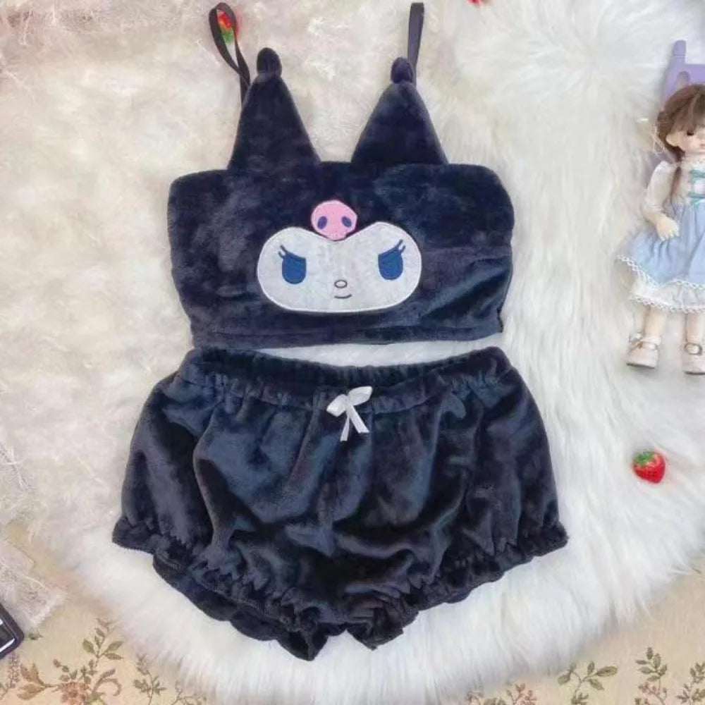 Women’s Cute Cartoon Flannel Suspender Pajama Shorts Set