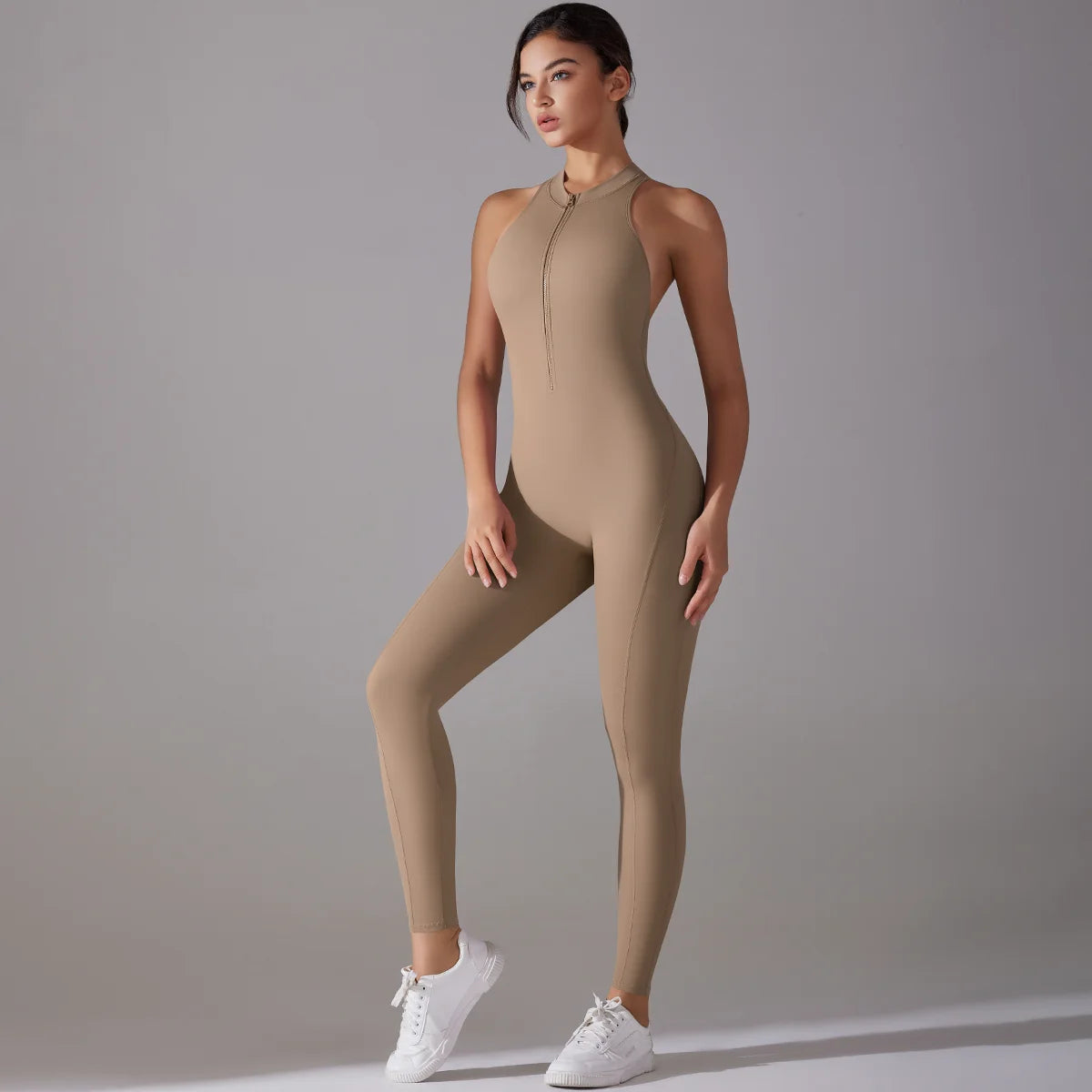 Women Backless Scrunch Gym Jumpsuit Zipper Fitness Yoga Bodysuit Sportswear