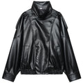 Women Black Cropped Faux Leather Bomber Jacket Oversize Zip Up Coat