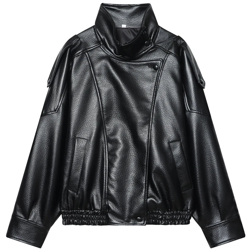 Women Black Cropped Faux Leather Bomber Jacket Oversize Zip Up Coat