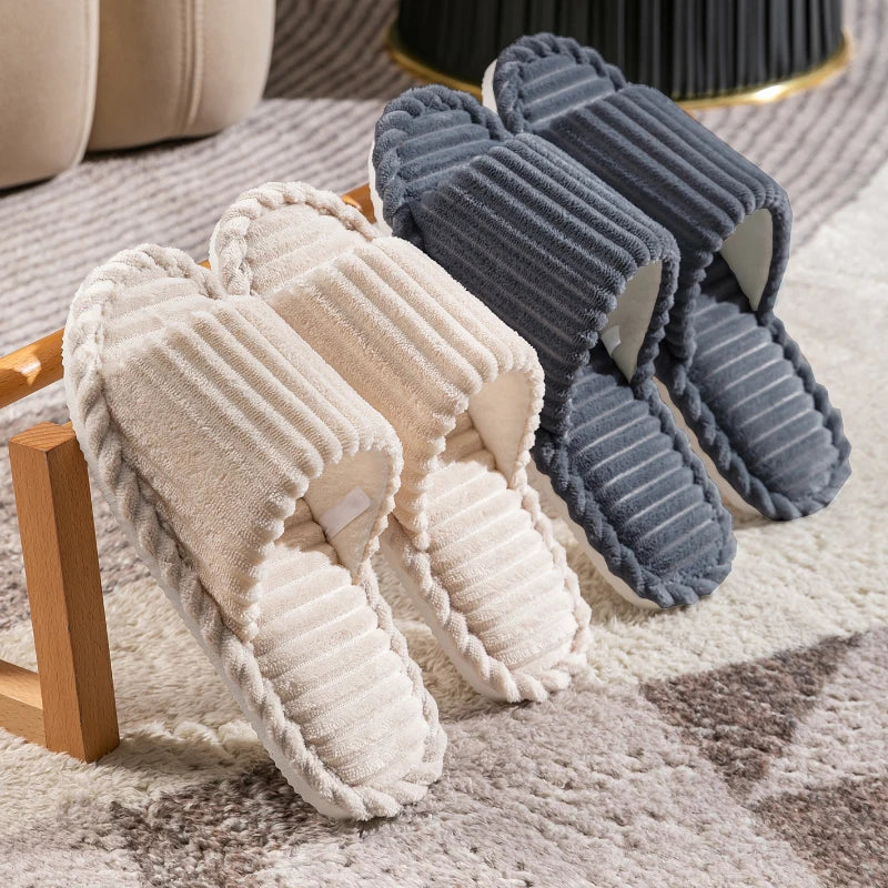 Corduroy Open Toe Slippers Unisex Cozy Indoor Home Slides Soft Anti-Slip Minimalist Shoes