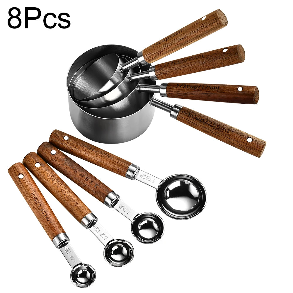 Stainless Steel Measuring Cups Spoons Set Wooden Handle Baking Coffee Tools