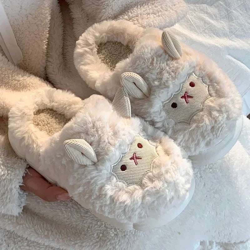 Winter Cartoon Plush Slippers Faux Fur Sheep Design Warm Indoor Couple Home Shoes