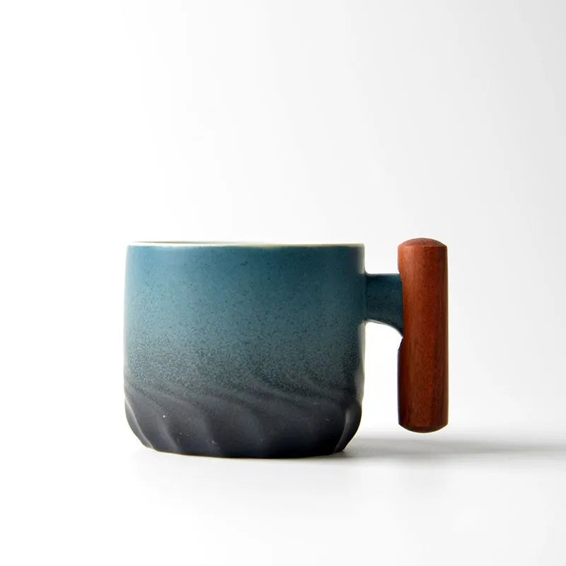 Vintage Coffee Cup Handmade Mug with Wooden Handle for Home Kitchen Bar