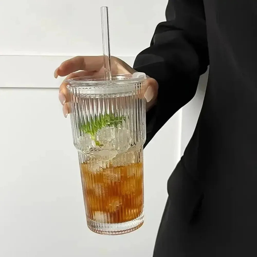 600ml Striped Glass Cup with Lid Straw Transparent Mug for Juice Water Iced Coffee