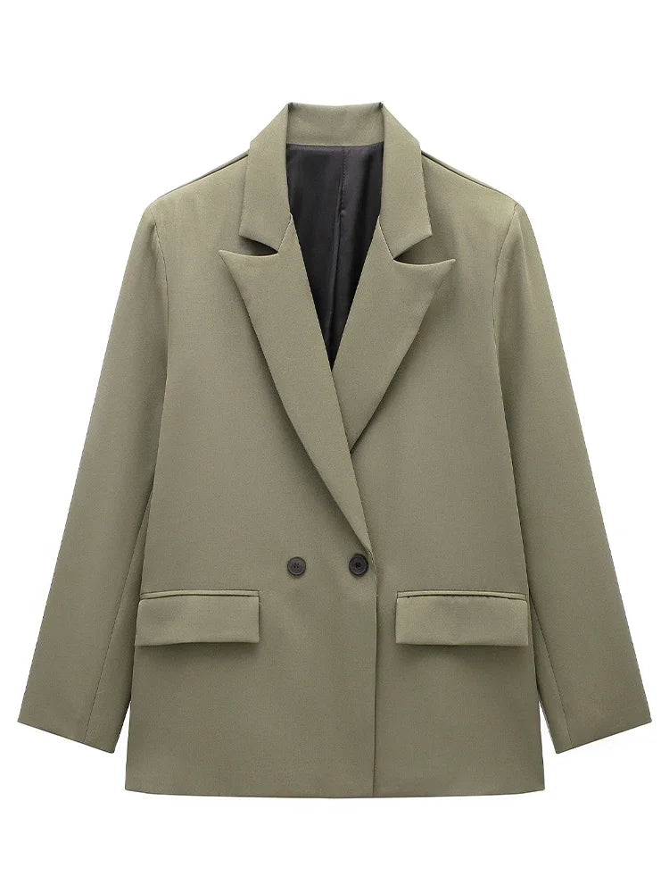 Women Double Breasted Blazer with Pockets Vintage Office Jacket