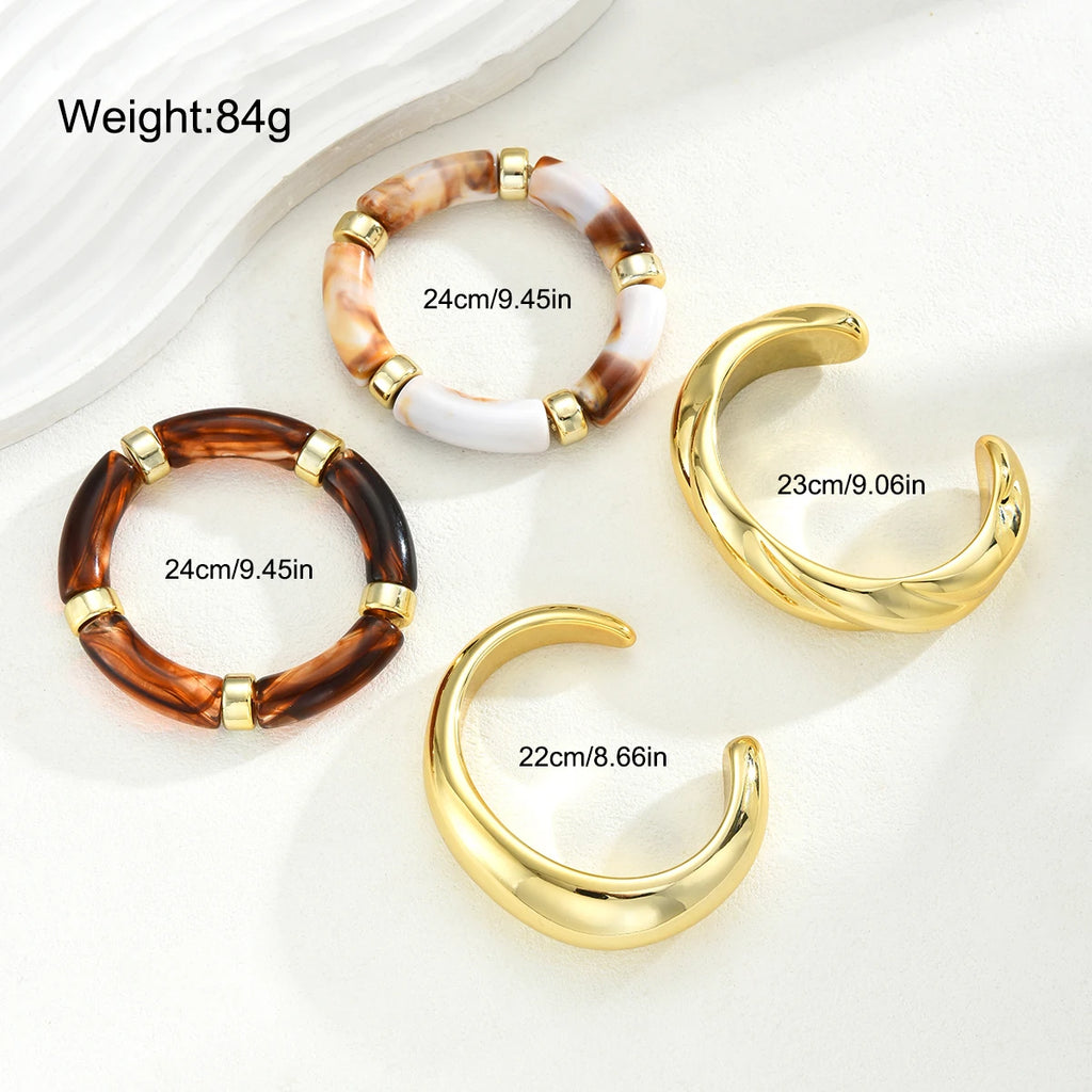 4pcs Resin Bangle Set Brown Vintage Elastic Bracelets for Women Gold Tone