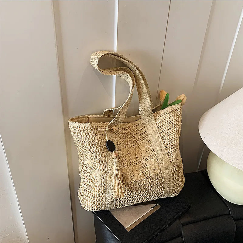 French Style Woven Straw Tote Bag Large Capacity Beach Shoulder Bag