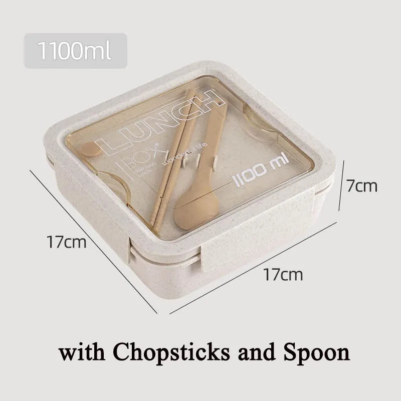 1100ml Lunch Box Bento Box with Spoon & Chopsticks Microwave Safe Wheat Straw Food Container for Kids Adults School Office