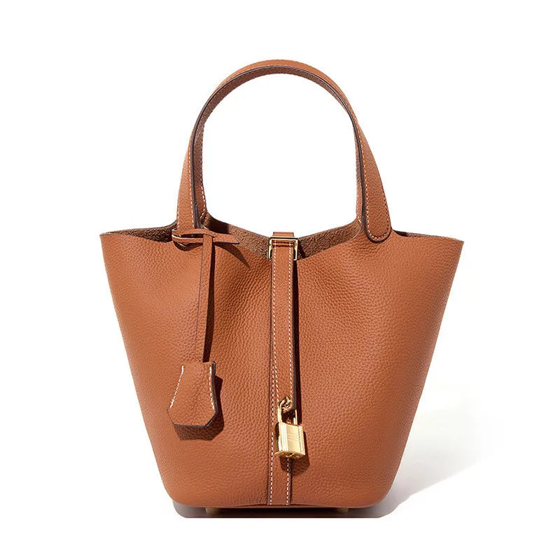 Women Bucket Handbag Soft PU Litchi Pattern Tote Bag with Lock and Scarf