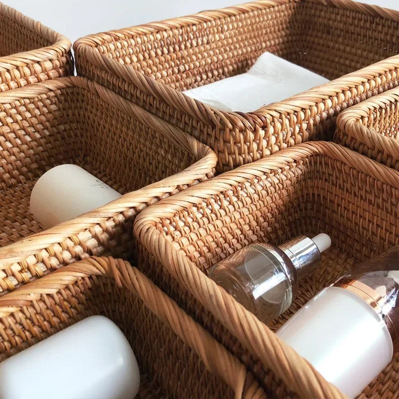 Hand Woven Rattan Basket Rectangular Storage Fruit Bread Snack Cosmetic Organizer