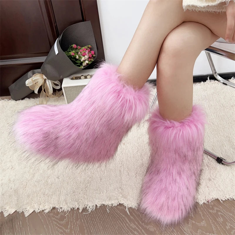 Women Fur Snow Boots Warm Mid Calf Winter Shoes