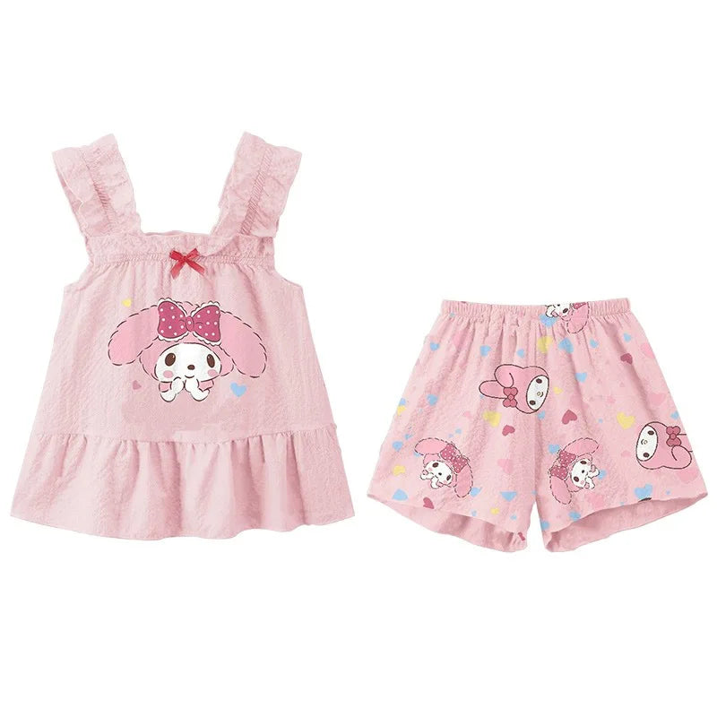 Girls Cute Cat Cartoon Sleeveless Pajama Set Lightweight Summer Homewear
