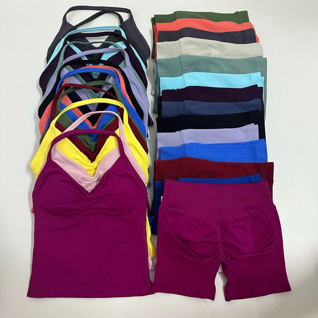 Seamless Yoga Set Women Strappy Tank Top Scrunch Shorts Gym Workout Outfit