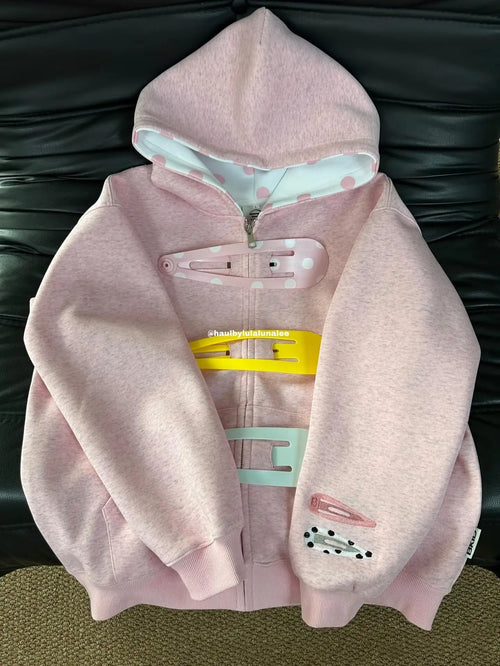 Retro Polka Dot Hooded Sweatshirt Zip Up Punk Jacket