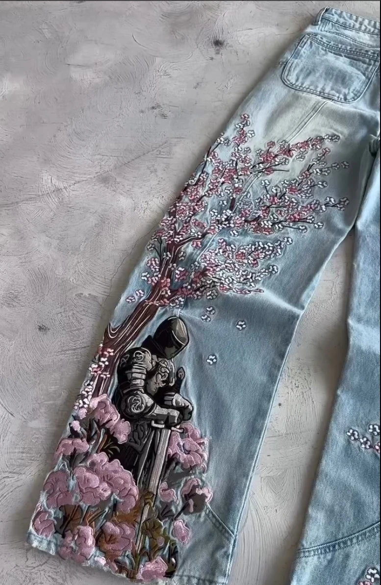 Y2K Cherry Blossom Embroidered Baggy Jeans Vintage Straight Denim Pants