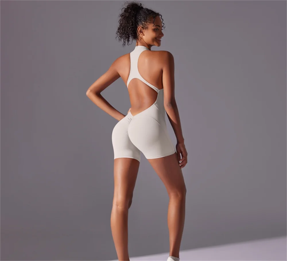 Halter Zip Gym Jumpsuit Women Seamless One Piece Fitness Romper Body Shaping Yoga Suit