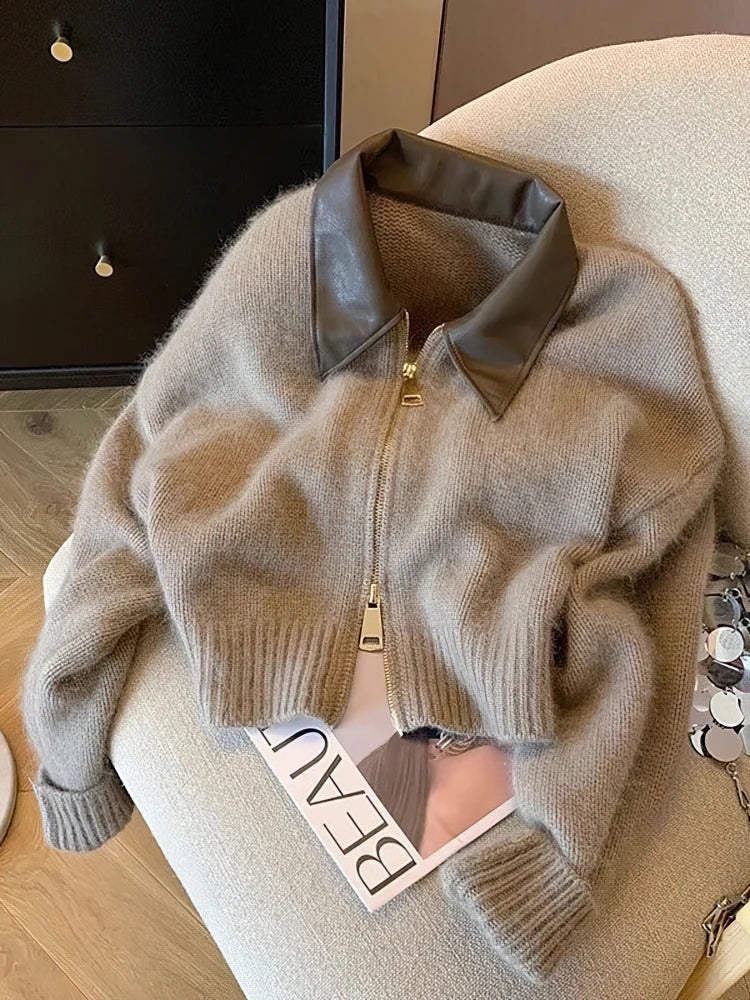 Women Cropped Knit Cardigan Zipper Sweater Jacket Thick Autumn Vintage 2000s Style