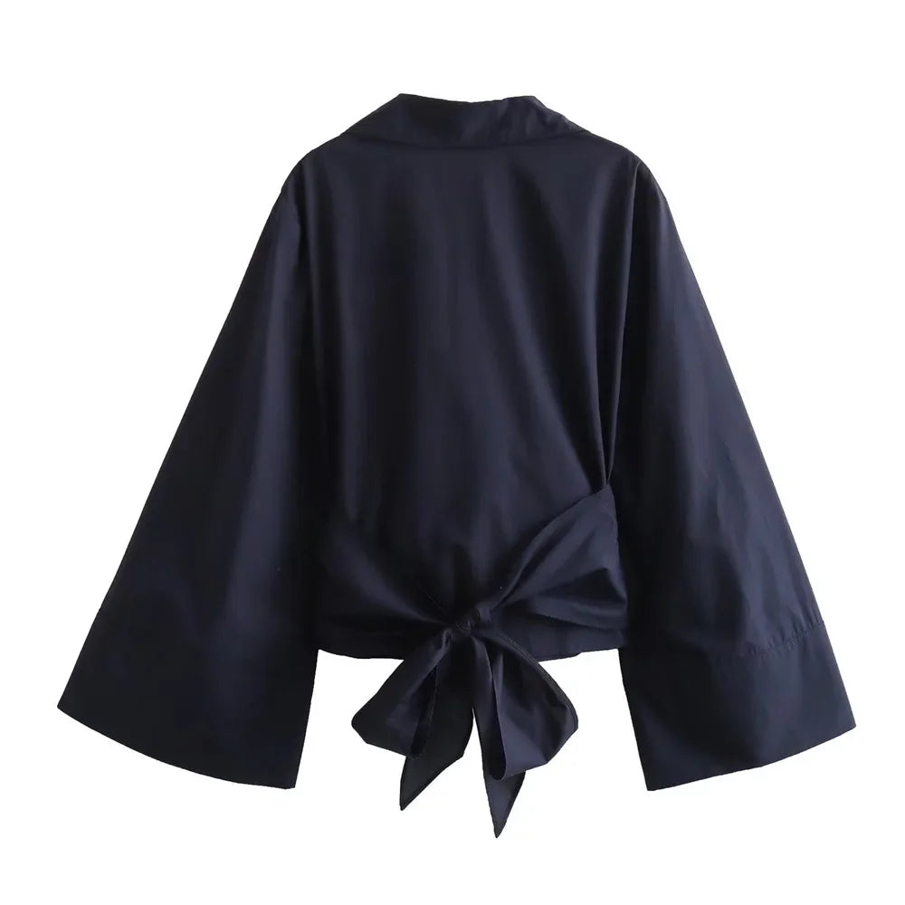 Women Polo Neck Bow Tie Short Poplin Shirt Double Breasted Casual Top