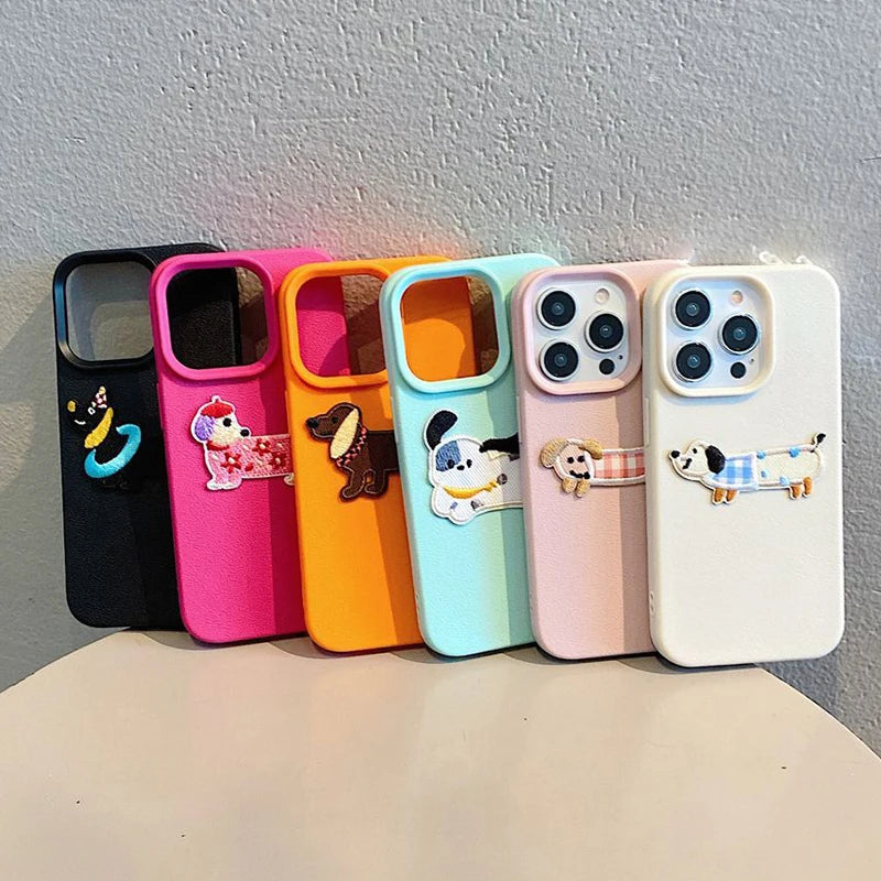 Cute 3D Cartoon Embroidery Puppy Leather Pattern iPhone Case