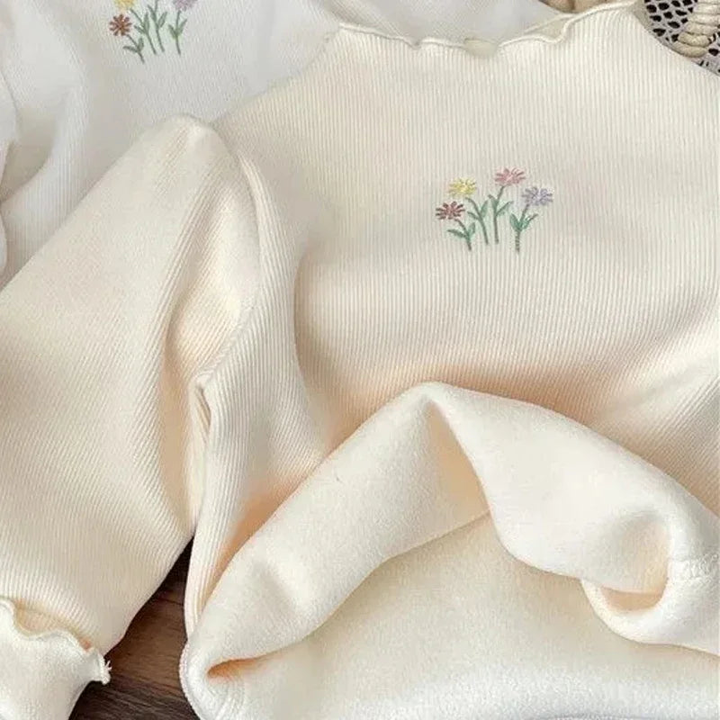 Baby Girls Winter Sweater Puff Sleeve Flower Embroidery Top 1–6 Years