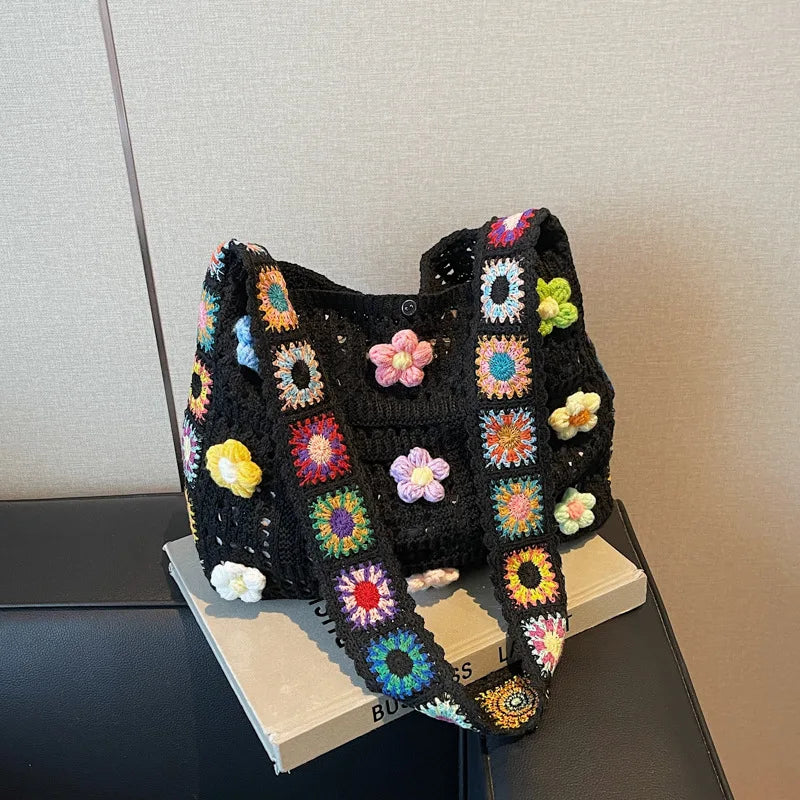 Women Boho Crochet Bag Knitted Floral Shoulder Tote Large Capacity Beach Woven Handbag