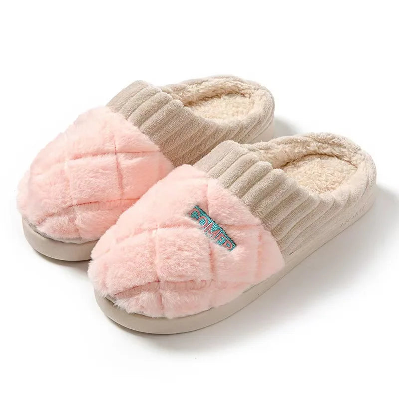 Quilted Plush Slippers Women Cozy Winter Soft Indoor Anti Slip House Shoes