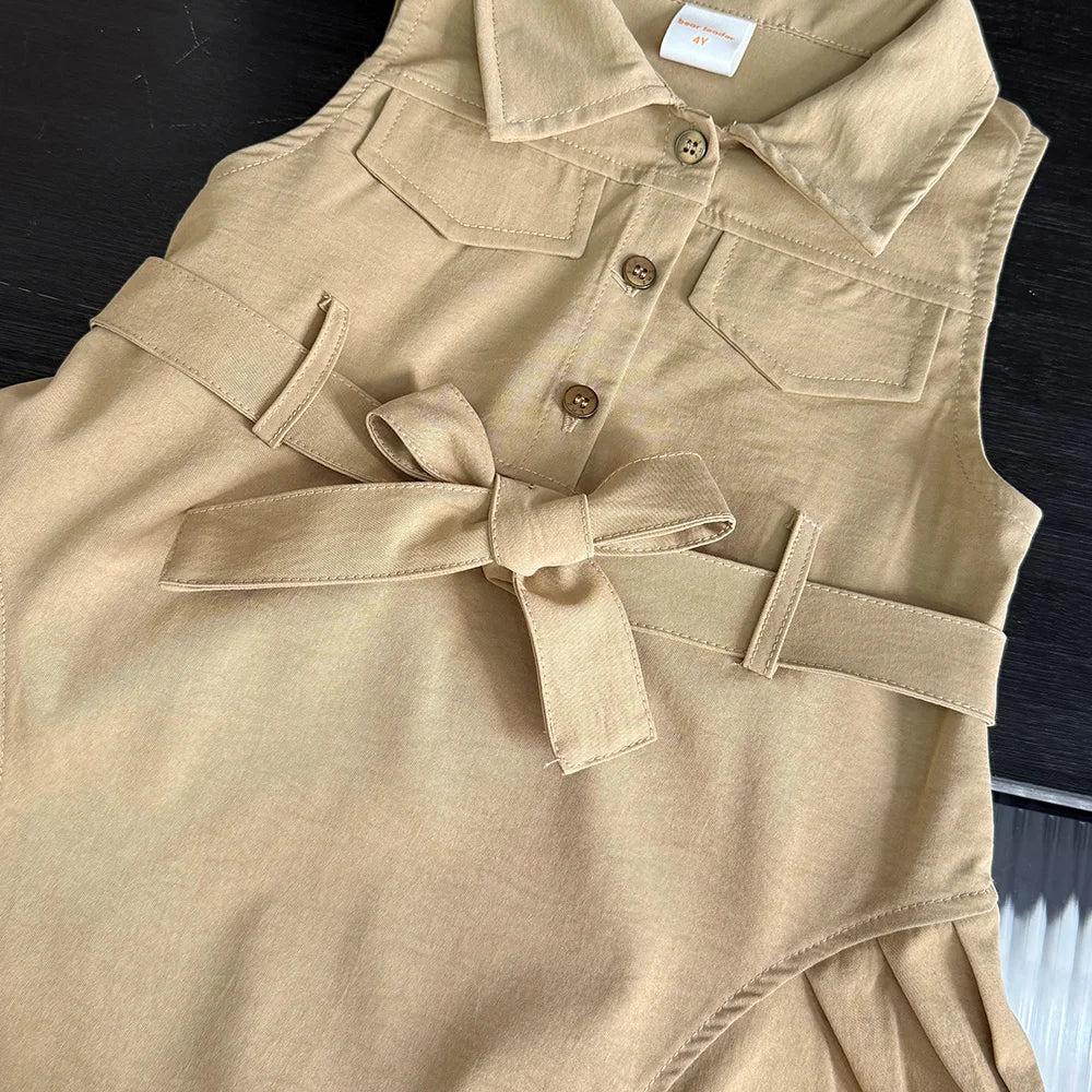 Girls Summer Sleeveless Dress with Waistband Solid Color Kids Outfit