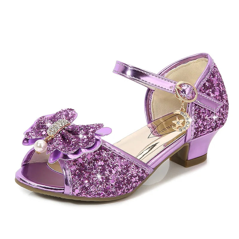 Girls Sequin Princess Party Sandals Peep Toe Summer High Heel Shoes