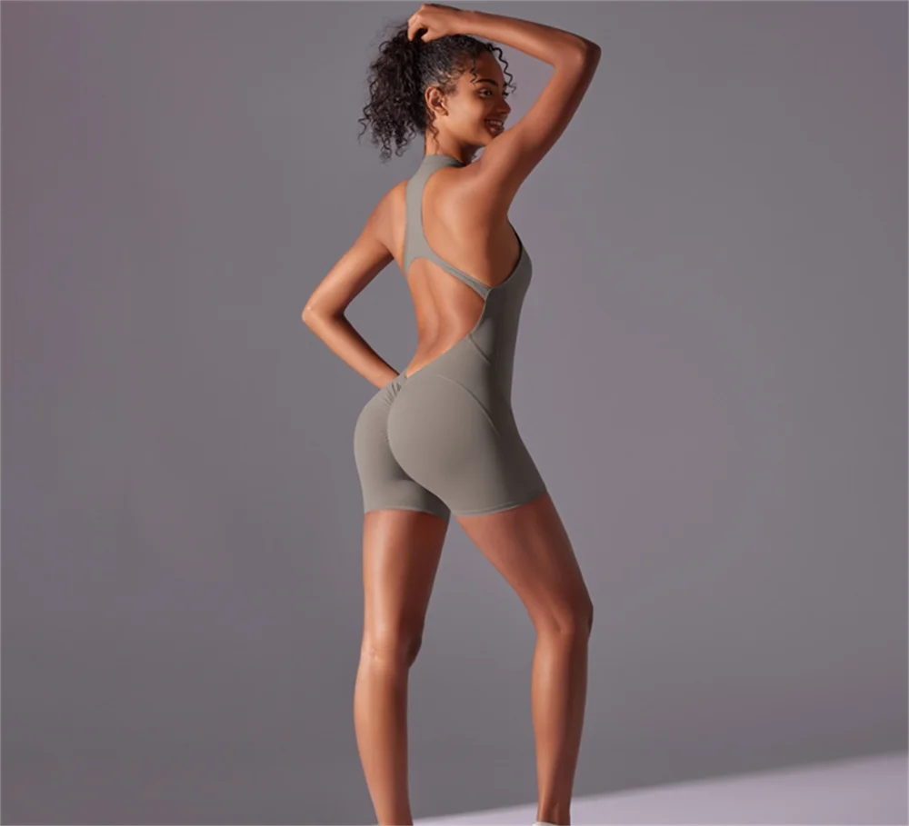 Halter Zip Gym Jumpsuit Women Seamless One Piece Fitness Romper Body Shaping Yoga Suit