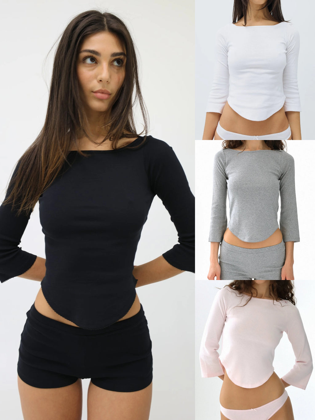 Women 3/4 Sleeve Crew Neck Casual Top V Hem Lace Design Fashion T Shirt