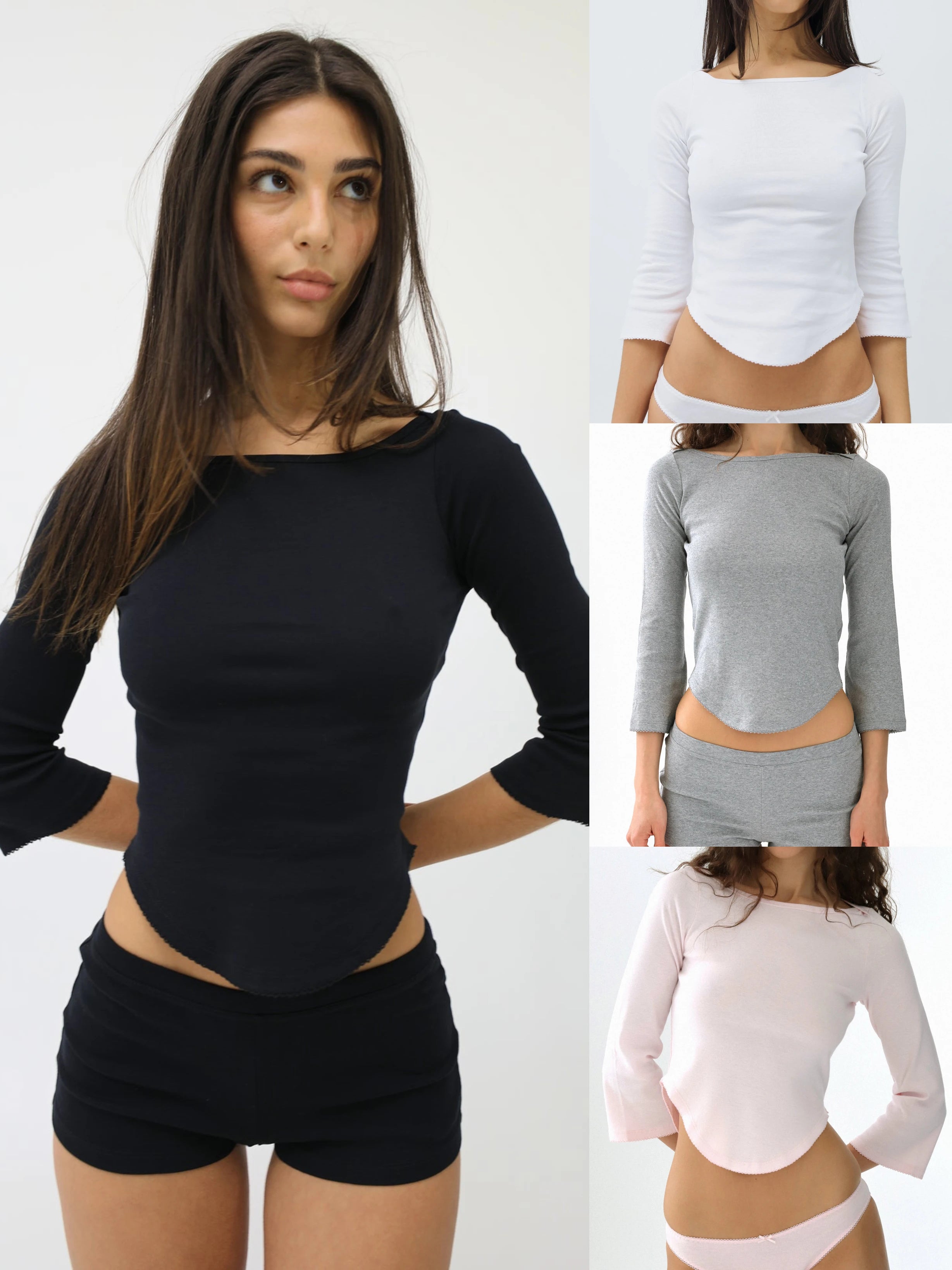 Women 3/4 Sleeve Crew Neck Casual Top V Hem Lace Design Fashion T Shirt