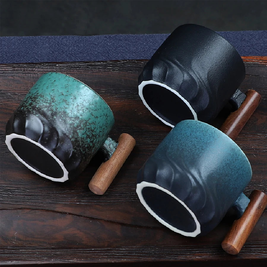 Vintage Coffee Cup Handmade Mug with Wooden Handle for Home Kitchen Bar