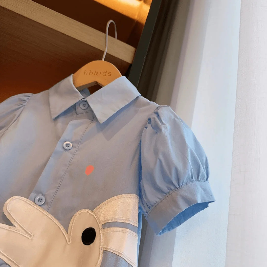 Girls Rabbit Puff Sleeve Cotton Dress Summer Turn Down Collar Princess Outfit