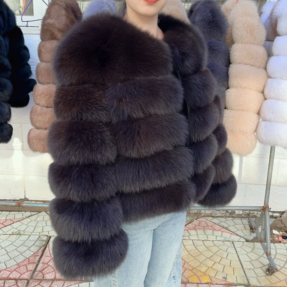 Women Real Fox Fur Winter Coat Brown Leather Jacket