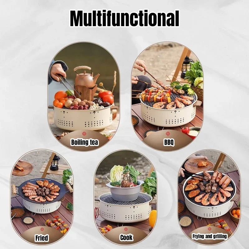 Portable Round Charcoal BBQ Grill Stainless Steel Korean Style Outdoor Camping Barbecue Stove