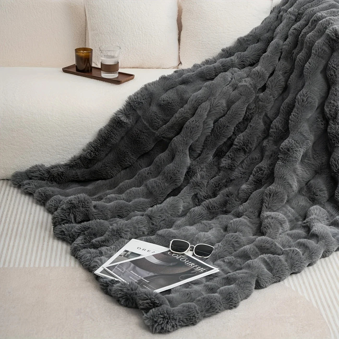 Faux Rabbit Fleece Blanket Soft Warm Throw Bedroom Living Room Dorm Cozy Blanket