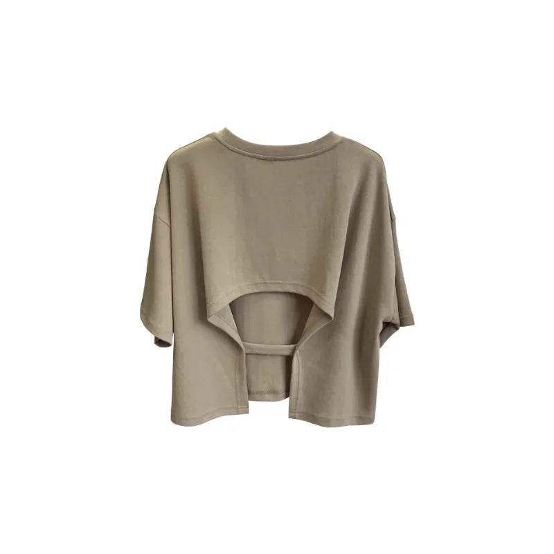 Women Backless Crop Top Short Sleeve Loose Casual Summer T Shirt