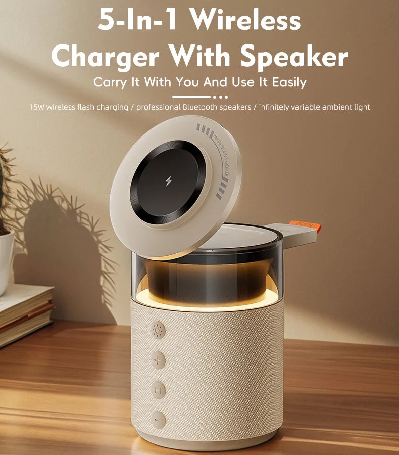 5 in 1 Magnetic Wireless Charging Station with Speaker Night Light Fast Charger for iPhone Apple Watch AirPods