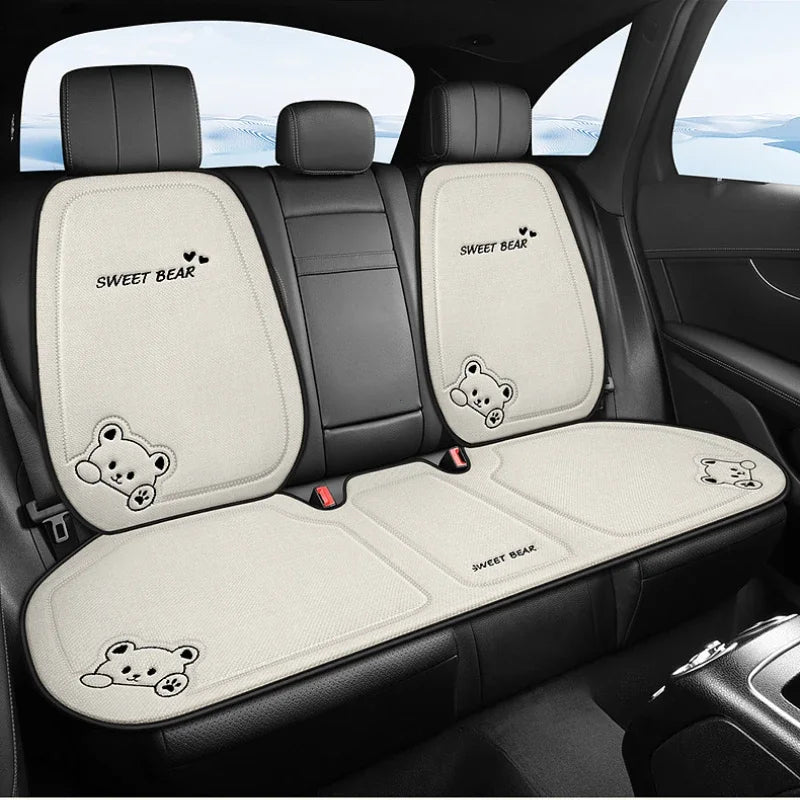 Cute Bear Car Seat Cushion Breathable Anti Slip Linen Seat Cover Universal