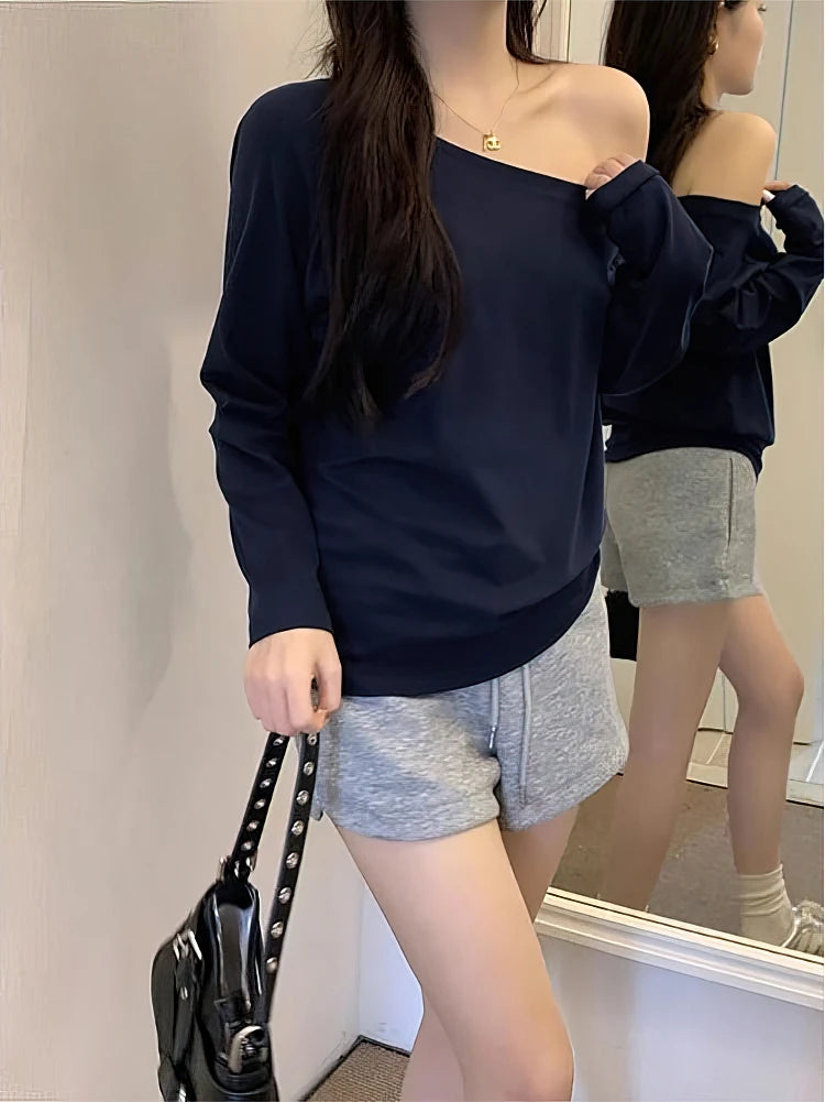Women Off Shoulder Long Sleeve Loose Sexy Basic Top Casual Blouse