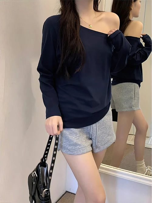 Women Off Shoulder Long Sleeve Loose Sexy Basic Top Casual Blouse