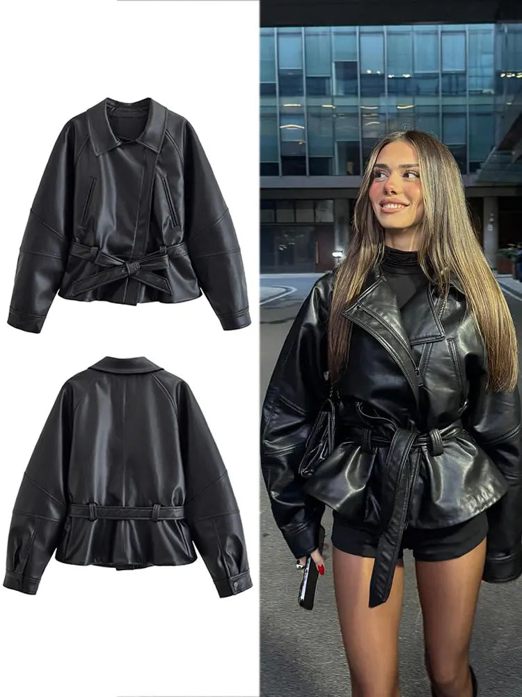 Women Black Faux Leather Trench Coat Belted Long Sleeve Lapel Motorcycle Style Jacket