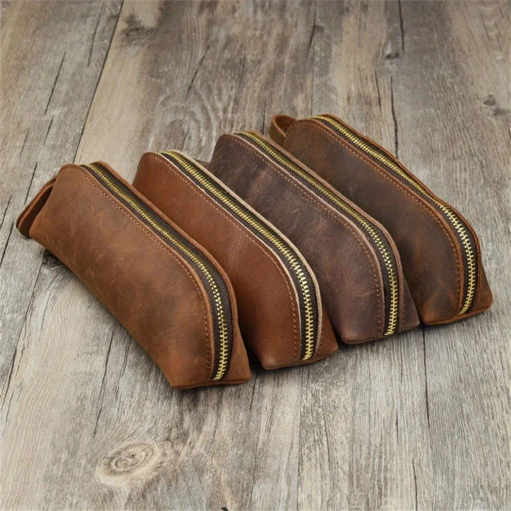Vintage Leather Pencil Case Zipper Pouch Pen Holder Glasses Storage Bag