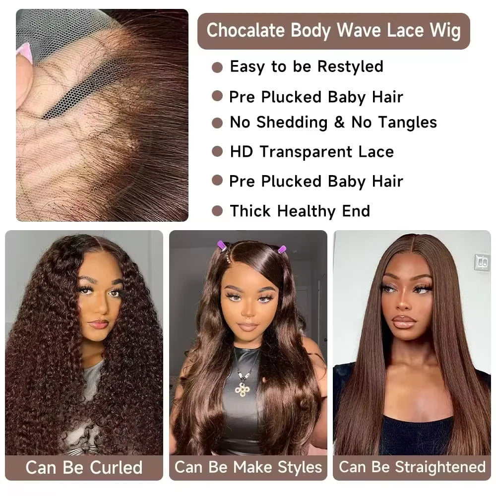 Chocolate Brown Body Wave Wig – HD Lace Front Human Hair Glueless Wig