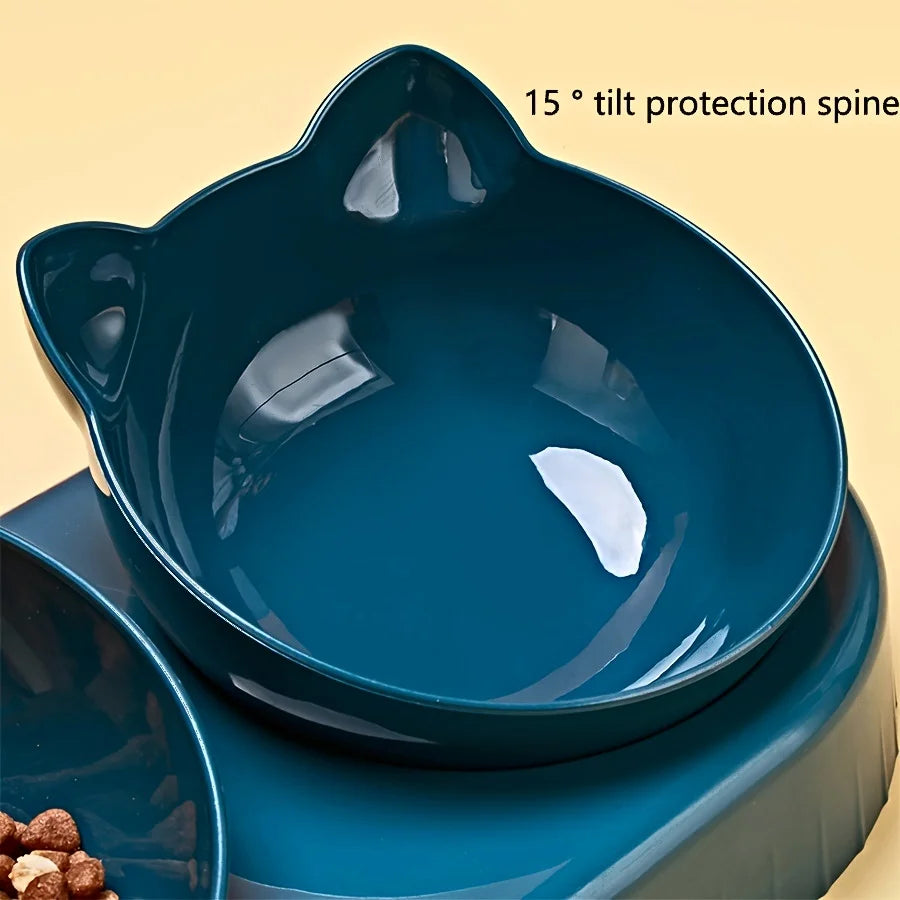 3 in 1 Tilted Cat Bowl Set with Gravity Water Feeder Neck Protection Design