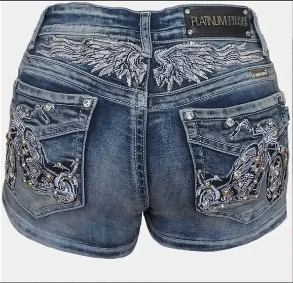 Women Y2K Low Waist Denim Shorts Wing Rivet Gothic Vintage Hot Girl Mini Shorts
