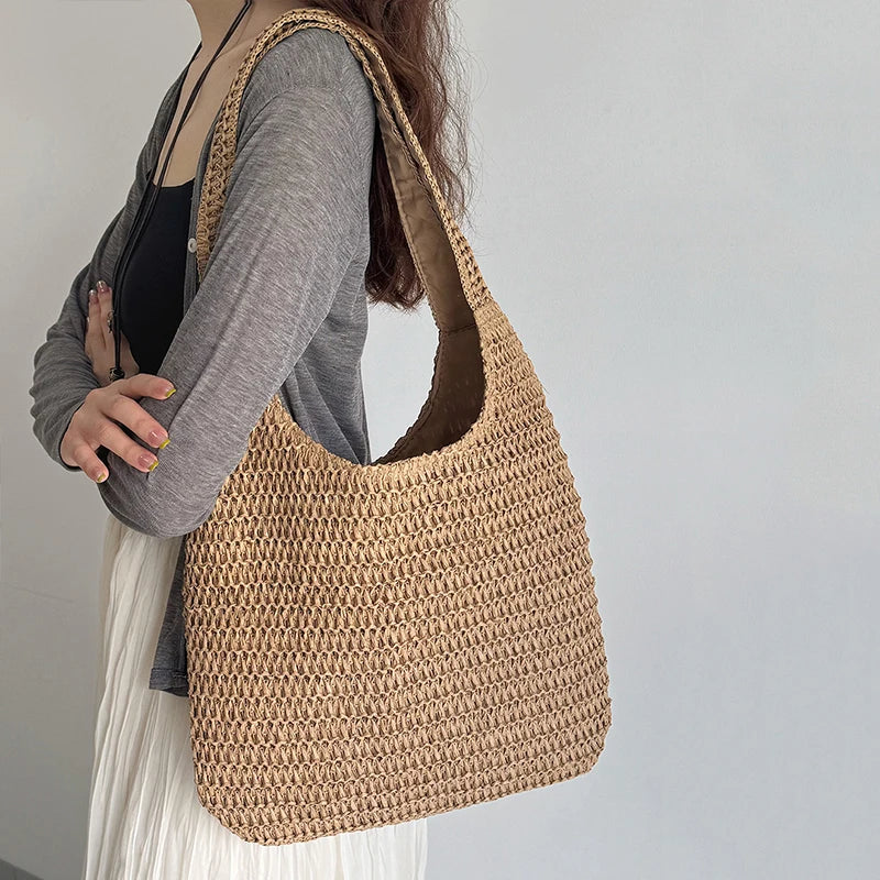 Woven Rattan Shoulder Bag Large Capacity Summer Straw Tote for Women