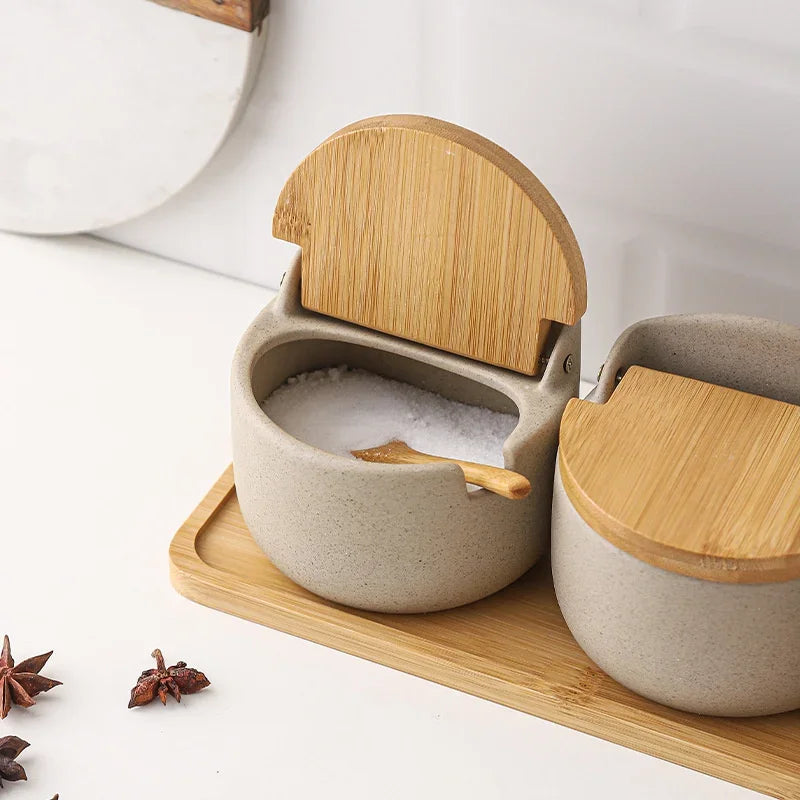 Ceramic Seasoning Jar with Bamboo Lid Spoon Salt Sugar Spice Storage Container